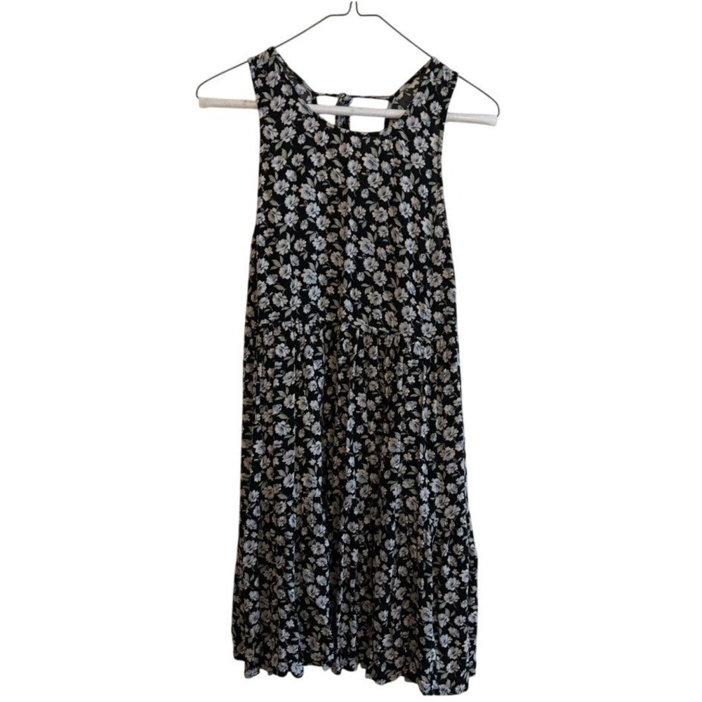 American Eagle Women Black Blue Floral Tiered Mini Dress Sleeveless Tie Back S